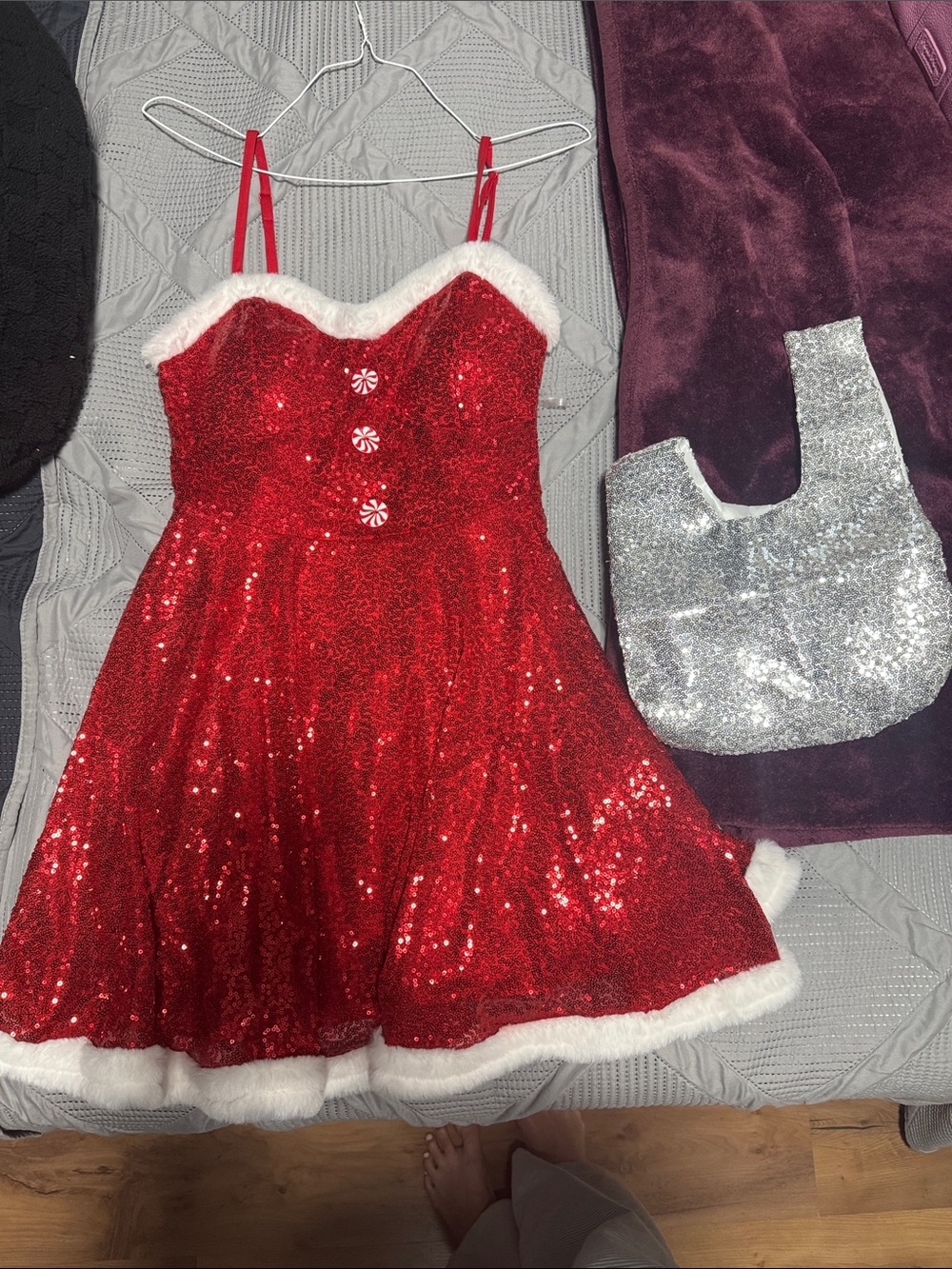 No Boundaries Red Sequin Holiday Mini Dress with White Faux Fur Trim & bag